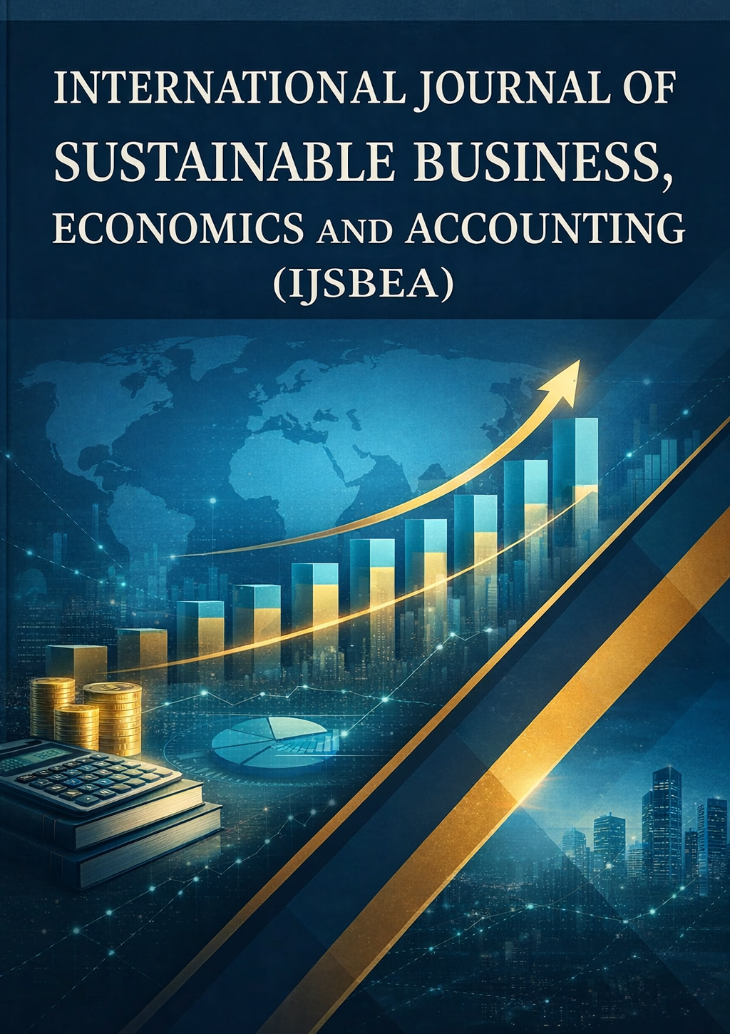Cover of International Journal of Sustainable Business, Economics and Accounting (IJSBEA) featuring a modern geometric blue background with elegant diagonal gold accent lines. The title “International Journal of Sustainable Business, Economics and Accounting (IJSBEA)” appears prominently in large white typography, creating a professional and academic impression. At the top of the cover, the official logo of the publishing institution is displayed, reinforcing the journal’s institutional identity and scholarly credibility.